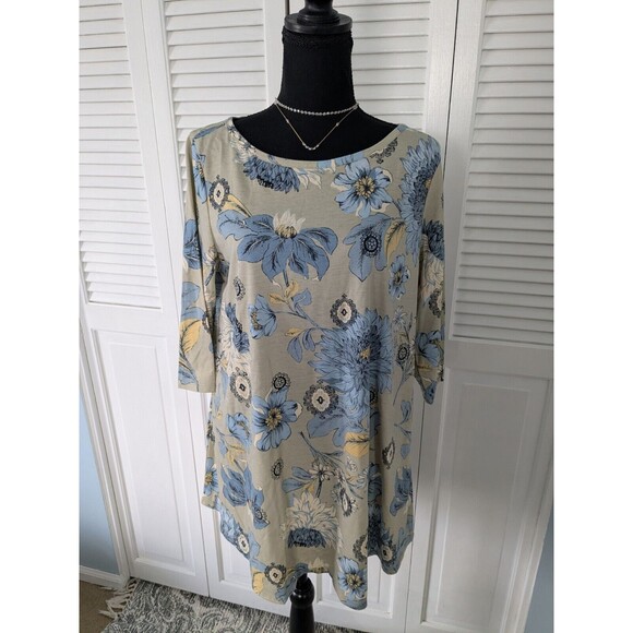 DG2 Diane Gilman Top Women's L Taupe Blue Botanical Swing Tunic Stretch Casual - Picture 1 of 13